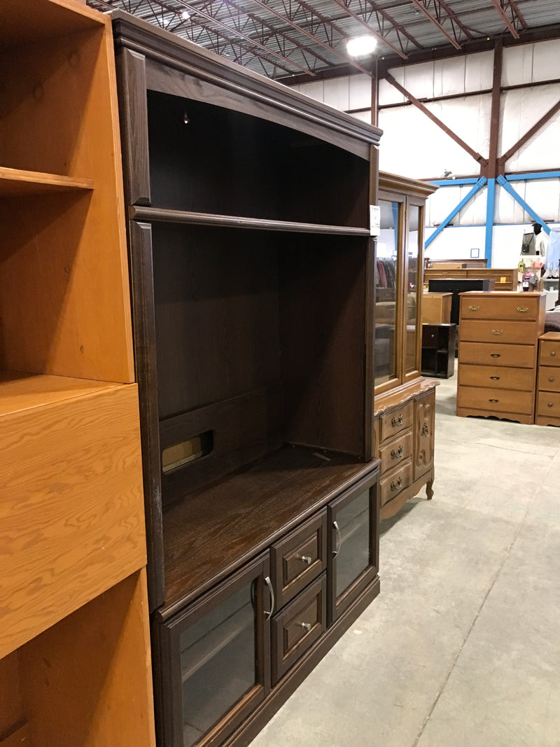 Reddish Hutch and TV Stand with Two Drawers and Cabinets