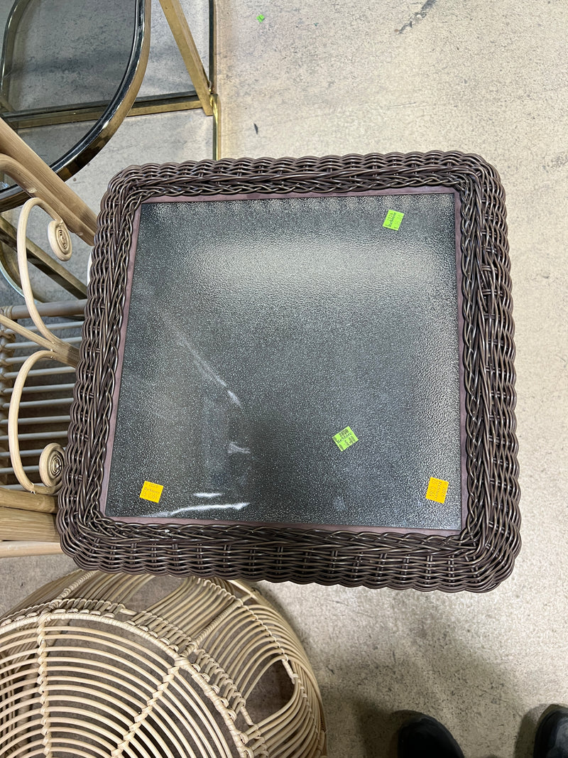 Square Wicker Side Table with Tempered Glass Top & Lower Shelf