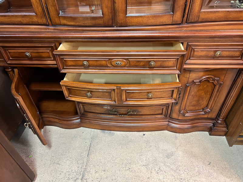 Traditional Dark Wood China Cabinet & Hutch with Glass Doors and Interior Lighting