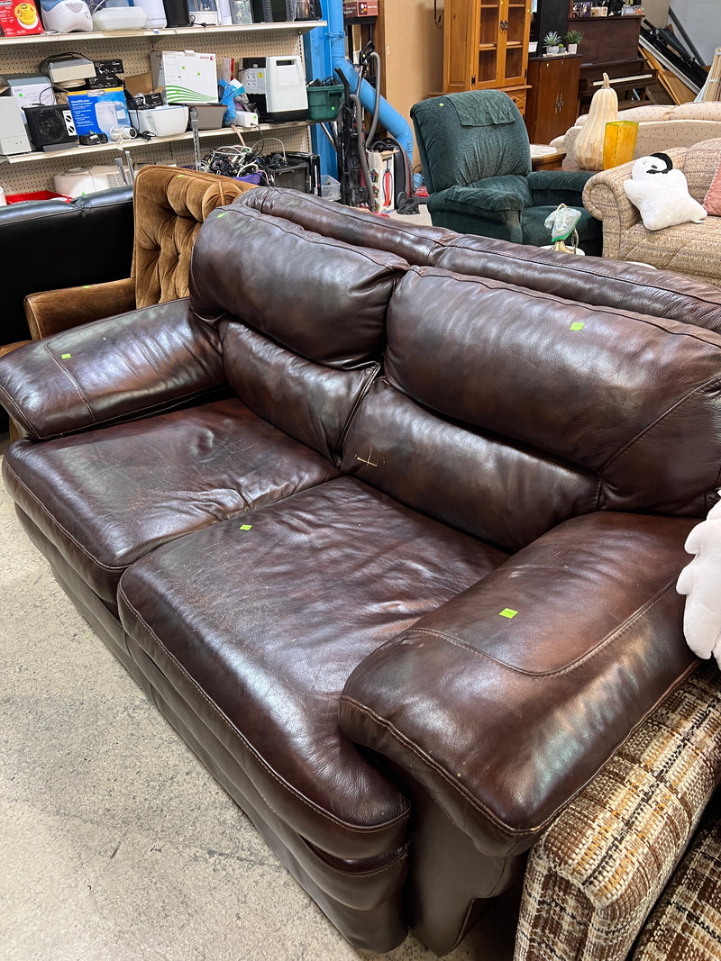 Chocolate Brown Leather Loveseat with Plush Cushions and Padded Pillow-Top Arms