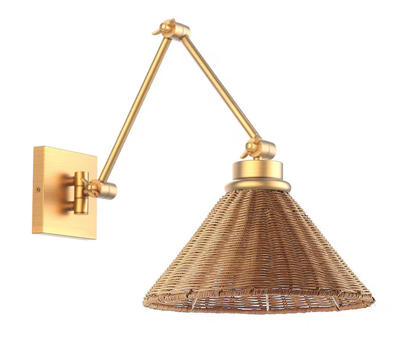1-Light Bathroom Dimmable Brushed Gold Vanity Light Bell Shape Rattan Shade