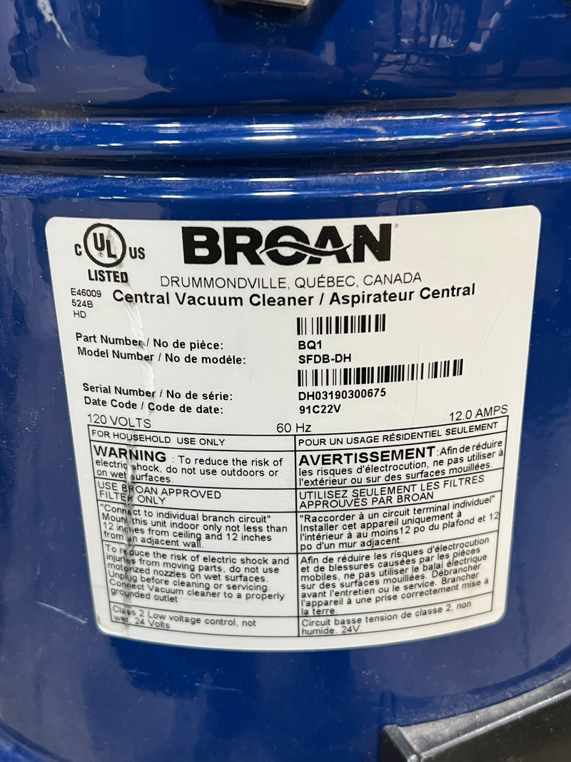 Broan BQ1 SFDB-DH 500 Air-Watt Central Vacuum Power Unit