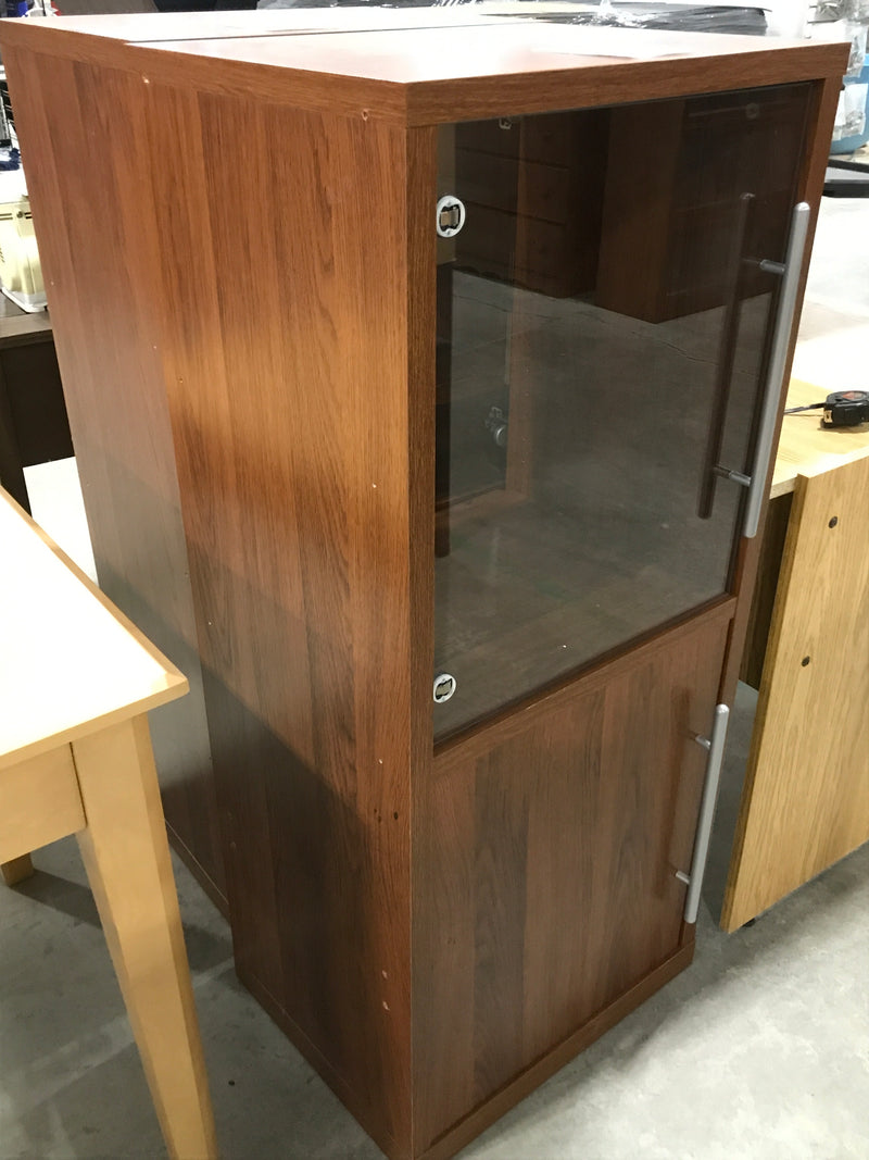 Reddish Wooden Storage Cabinet With Glass Cabinet Door & Underneath Cabinet Storage With Wooden Door