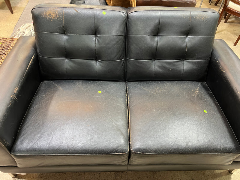 Black Mid-Century Modern Tufted Leather-Like Loveseat with Chrome Legs