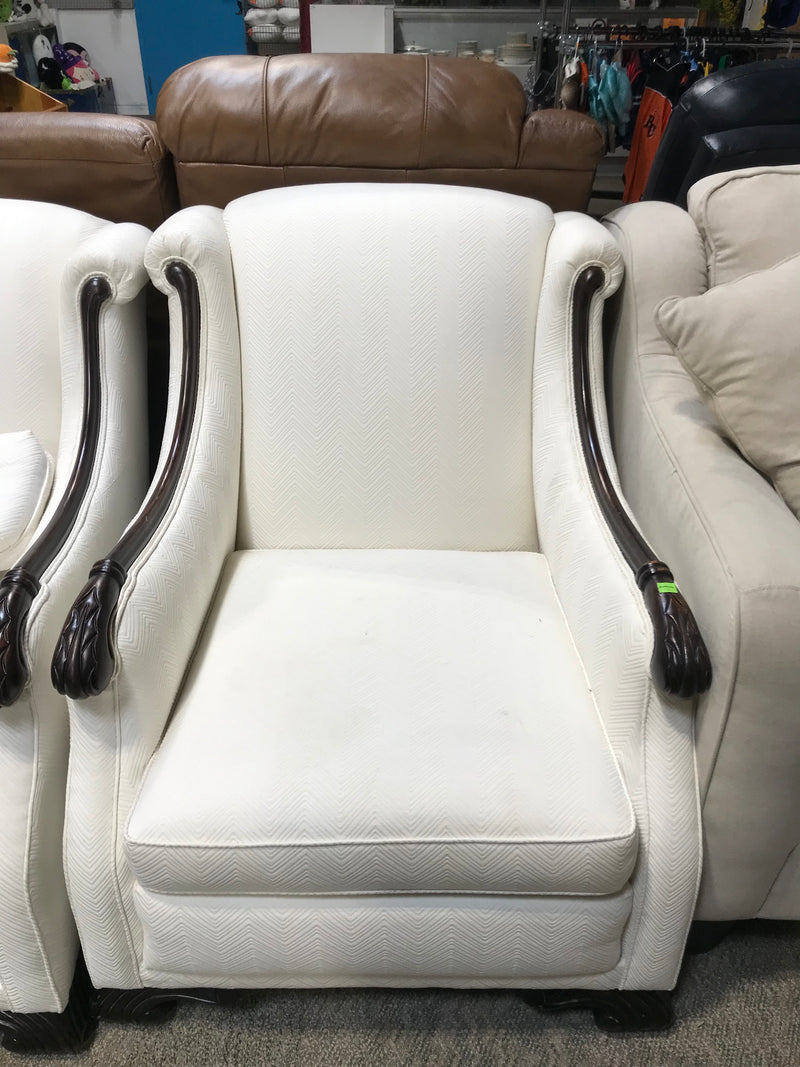 White Arm Chair With Dark Brown Wood Trim
