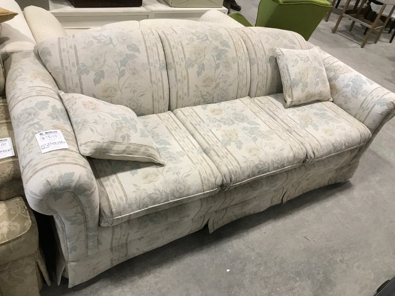 White 3 Seater Couch With Blue Tinted Floral Patterns & 2 Matching Pillows