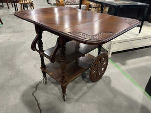 Vintage Wooden Drop-Leaf Tea Cart with Carved Detail