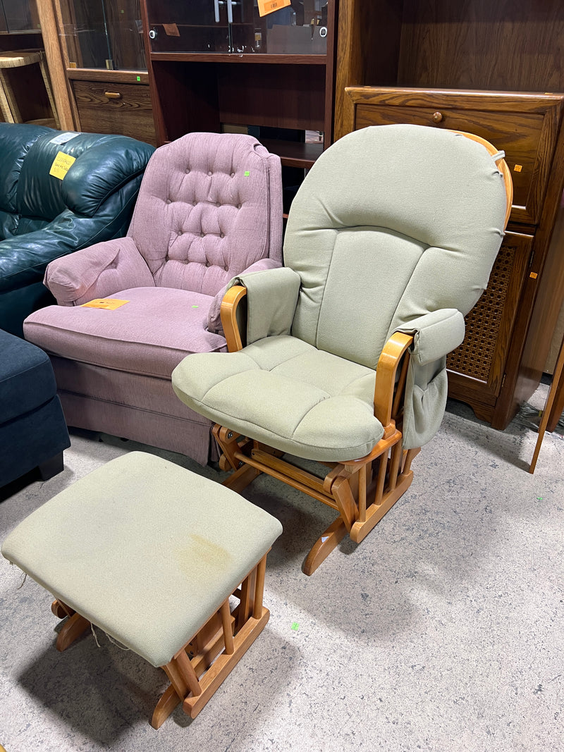 Wooden Glider Rocking Chair with Matching Ottoman – Sage Green Cushions