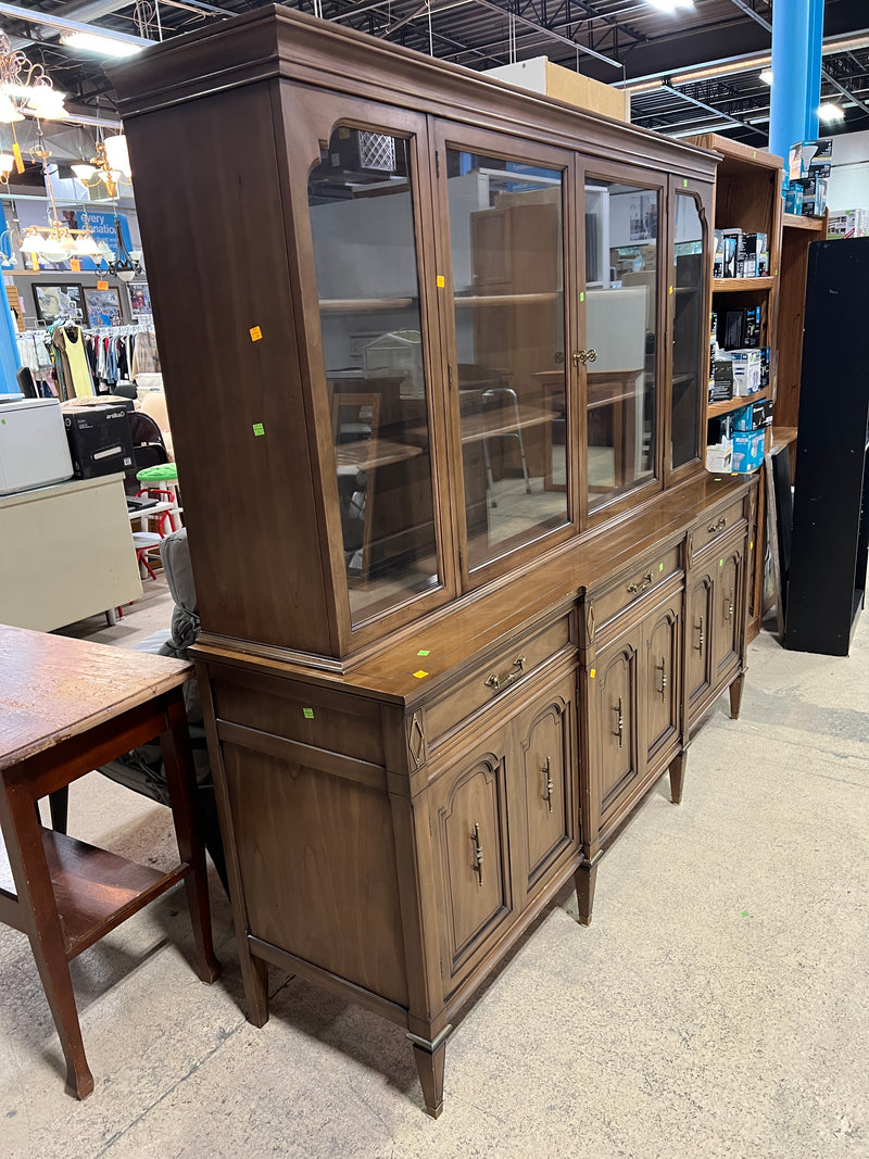 Vintage French Provincial Wooden Hutch & Buffet Cabinet with Glass Display Doors