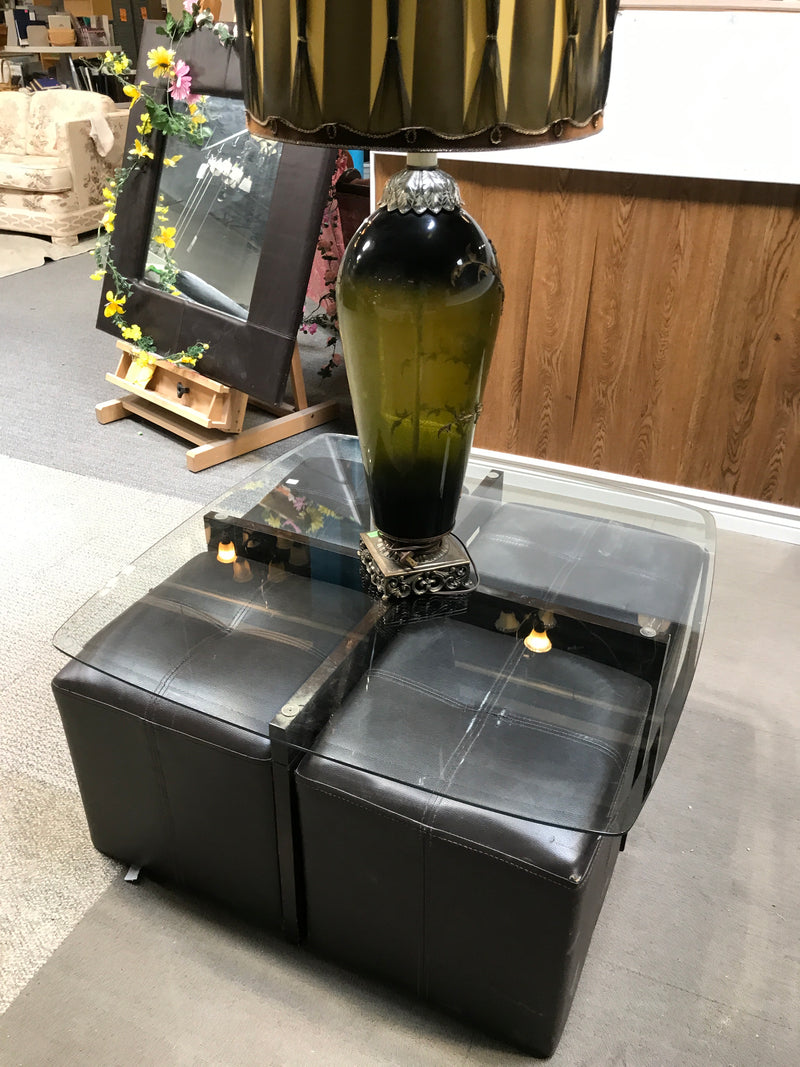 Glass Top Coffee Table With 4 Underneath Faux Leather Pullout Benches