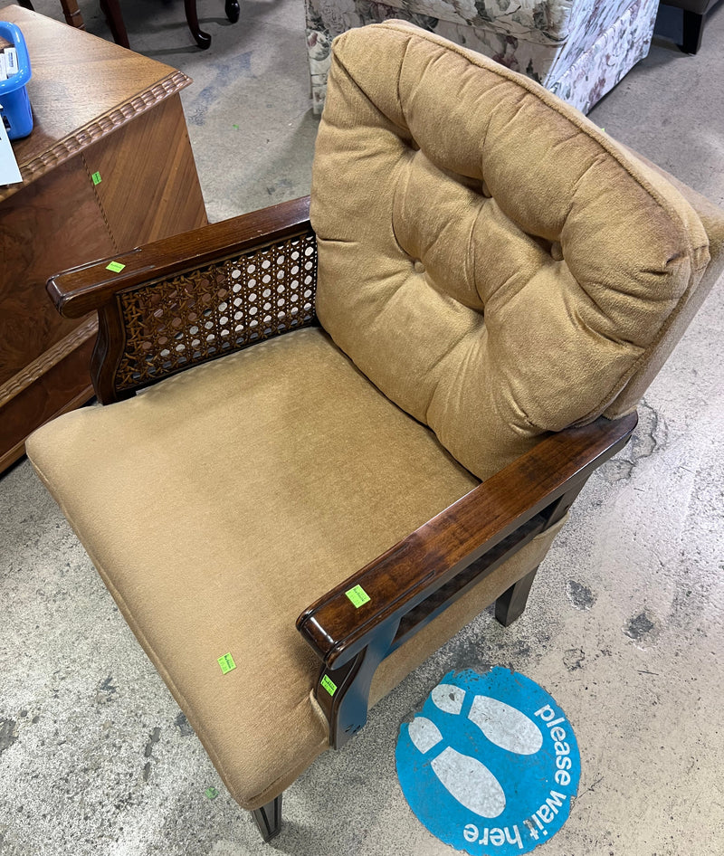 Tan Armchair with Wicker Armrests