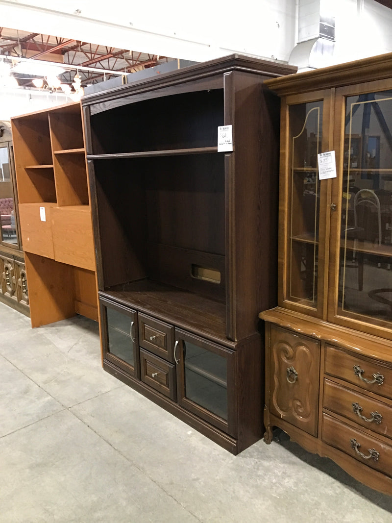 Reddish Hutch and TV Stand with Two Drawers and Cabinets