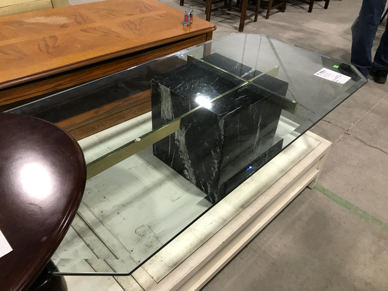 Artedi Black Marble Cube Base With Glass Top Coffee Table