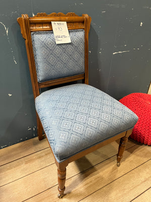 Vintage Upholstered Wooden Chair w/ Blue Cushions