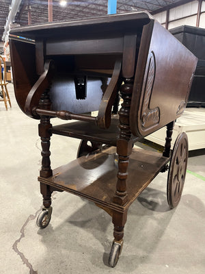 Vintage Wooden Drop-Leaf Tea Cart with Carved Detail