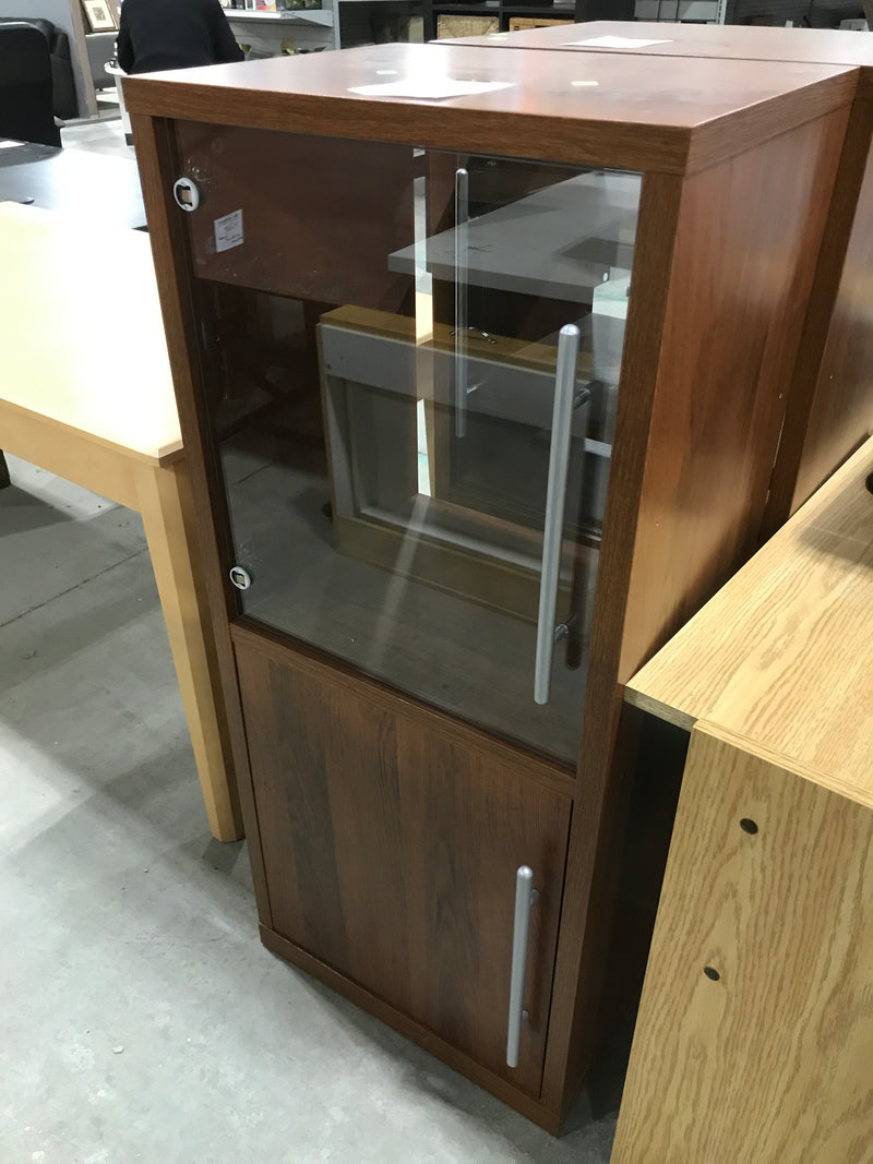 Reddish Wooden Storage Cabinet With Glass Cabinet Door & Underneath Cabinet Storage With Wooden Door