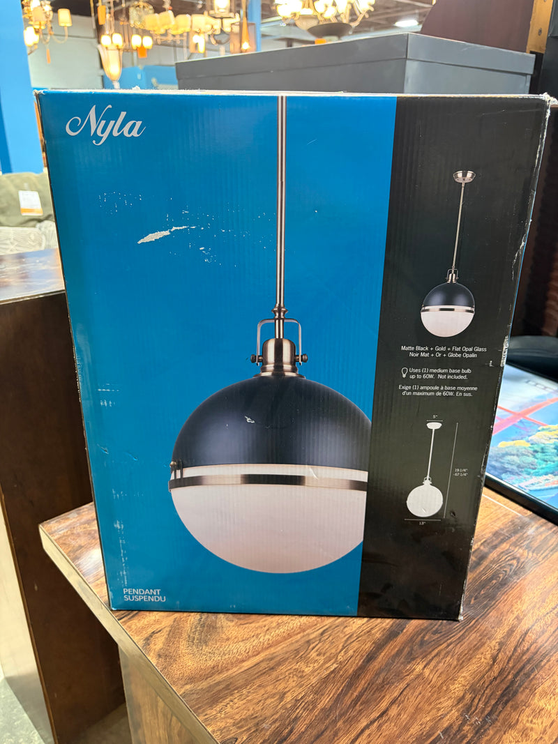 Nyla 1-Light Matte Black and Gold Pendant with Opal Glass