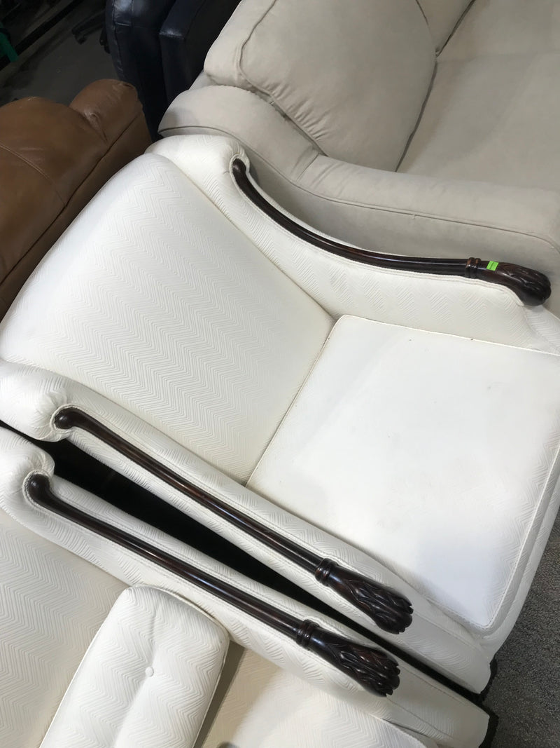 White Arm Chair With Dark Brown Wood Trim