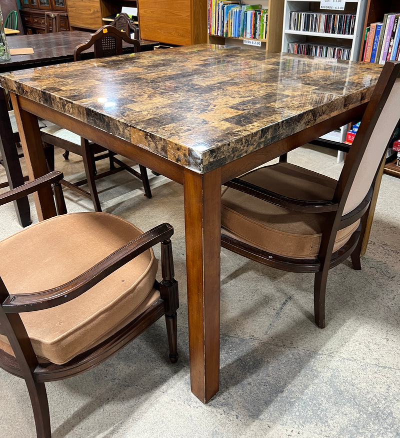 Square Faux-Stone Patchwork Dining Table with Solid Wood Frame