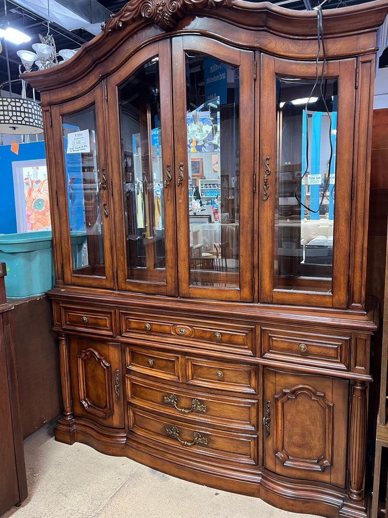 Traditional Dark Wood China Cabinet & Hutch with Glass Doors and Interior Lighting
