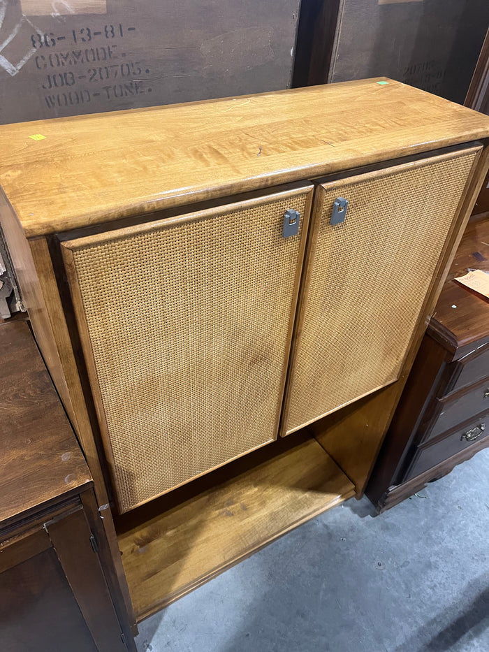 Mid-Century Modern Rattan Door Cabinet – Natural Wood Finish