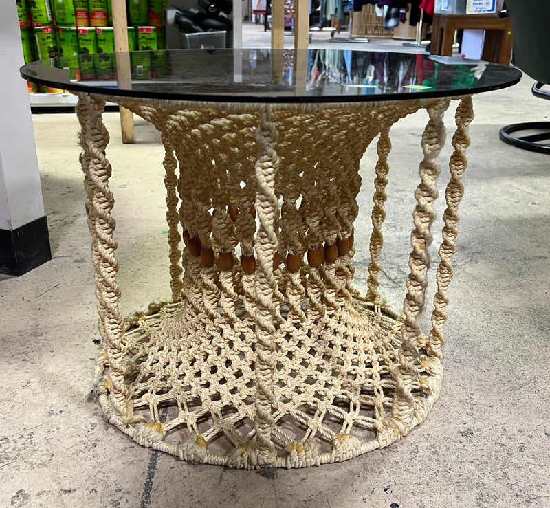 Vintage Bohemian Macramé Glass-Top Side Table