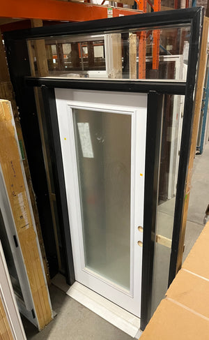 Modern White Exterior Door with Frosted Glass & Black Sidelites – Prehung Entry System