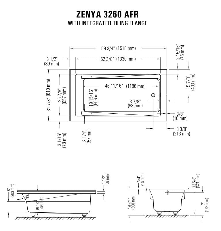 Zenya Acrylic Alcove Right Drain Bathtub in White