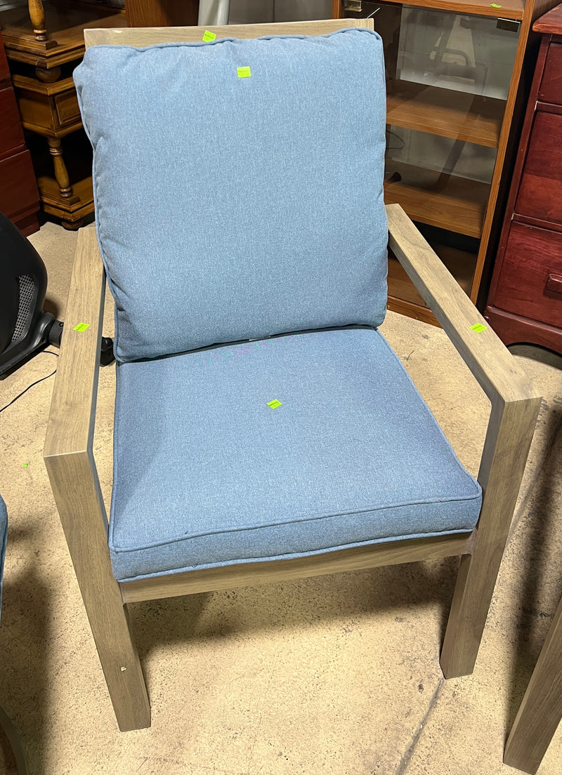 Landon & Co. Outdoor Patio Armchair – Faux Wood Finish with Blue Cushions