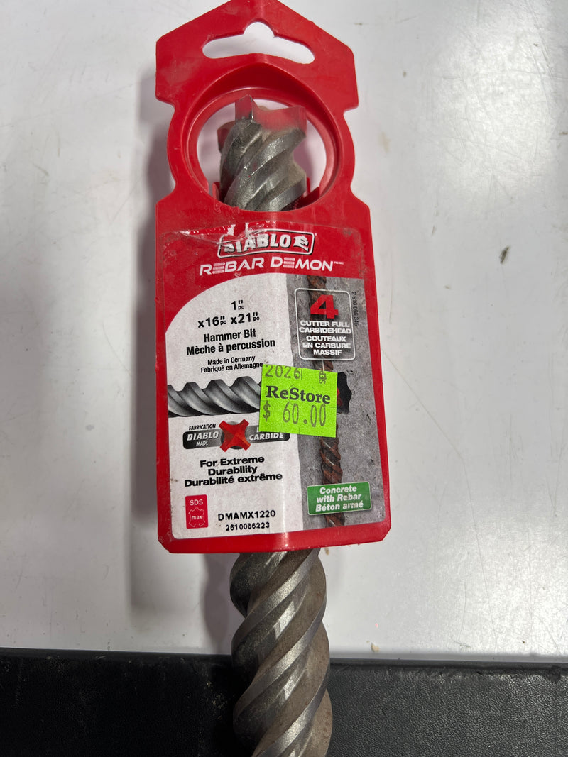 Diablo Rebar Demon SDS-Max 4-Cutter Full-Carbide Hammer Drill Bit – 1" x 16" x 21"