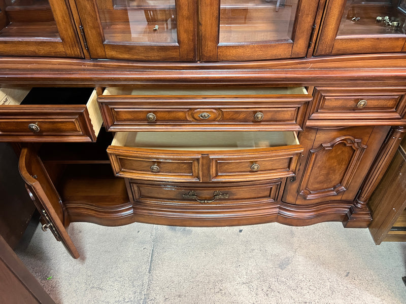 Traditional Dark Wood China Cabinet & Hutch with Glass Doors and Interior Lighting