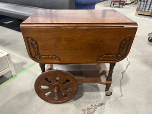 Vintage Wooden Drop-Leaf Tea Cart with Carved Detail