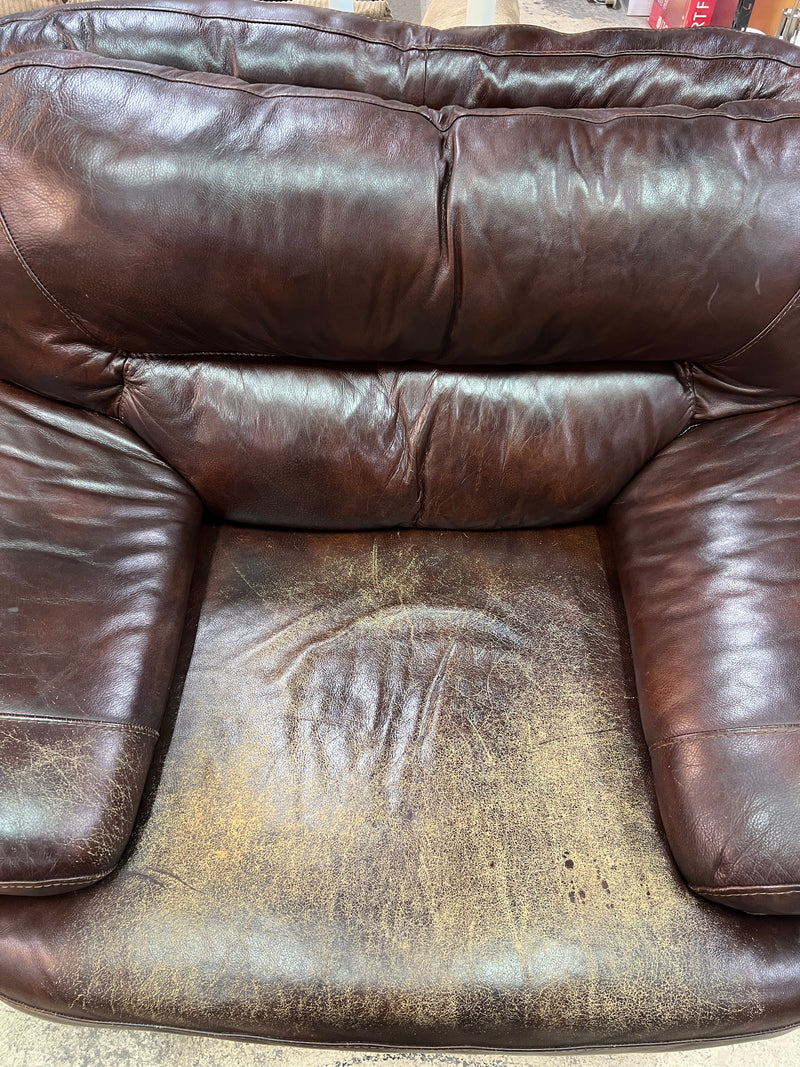 Oversized Dark Brown Leather Club Armchair with Plush Bustle-Back Cushions