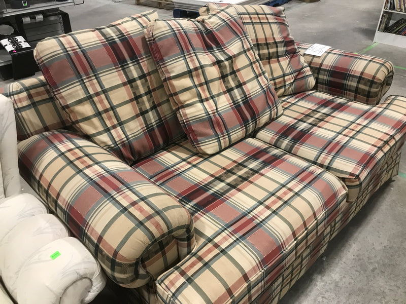 Red & Beige Plaid-Patterned Loveseat