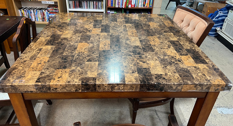 Square Faux-Stone Patchwork Dining Table with Solid Wood Frame