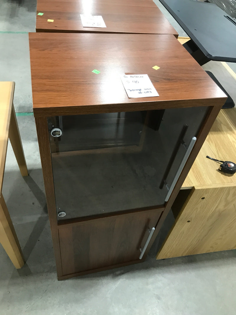 Reddish Wooden Storage Cabinet With Glass Cabinet Door & Underneath Cabinet Storage With Wooden Door