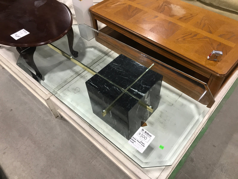 Artedi Black Marble Cube Base With Glass Top Coffee Table