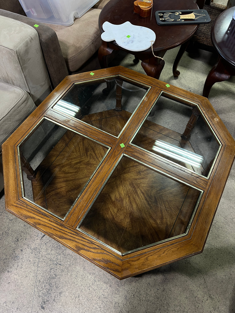 Vintage Octagonal Wood & Glass Coffee Table