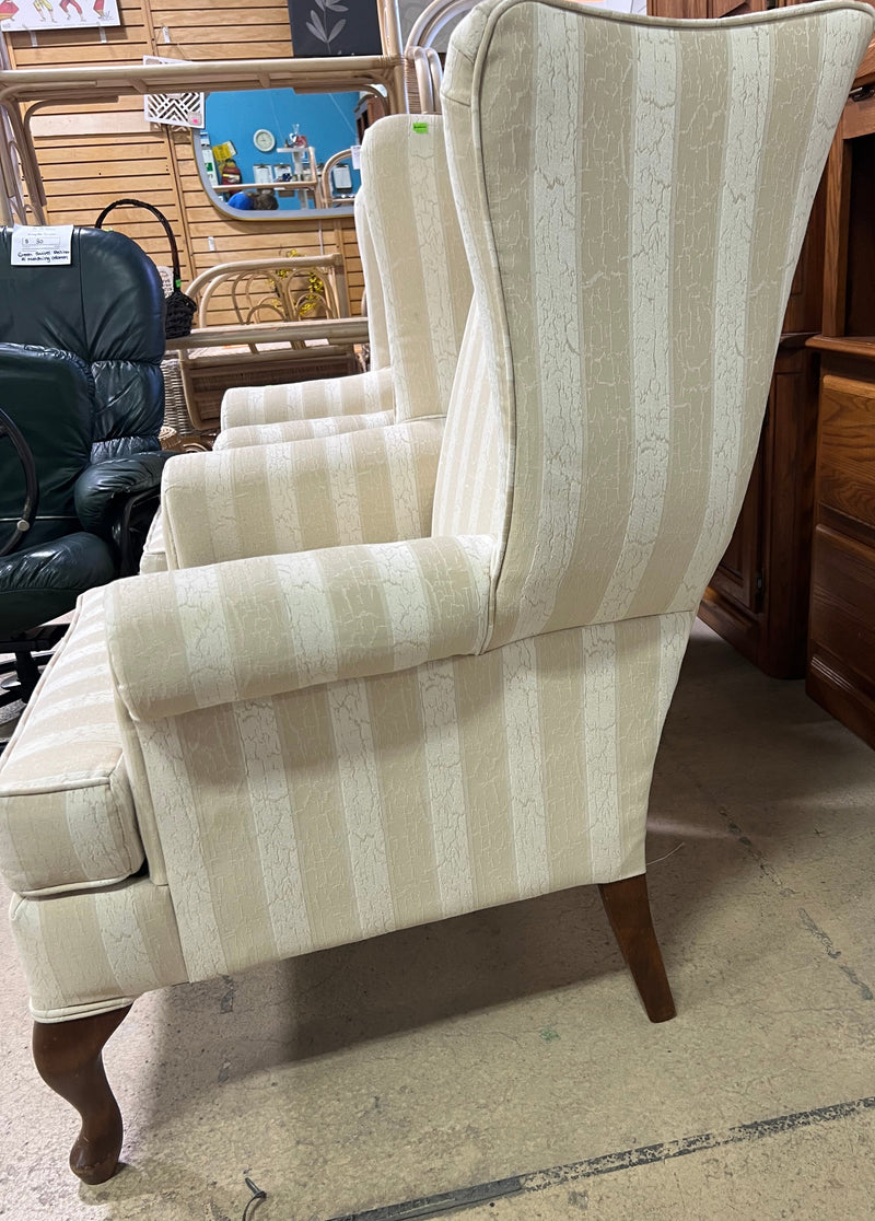 Cream and White Striped Wingback Armchair