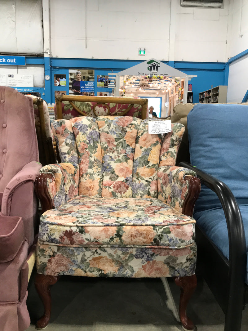 Vintage Floral Carved Wood Upholstered Armchair