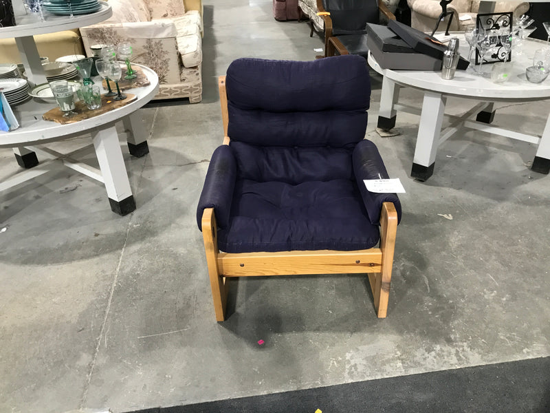 Wooden blue armchair with navy blue cushions