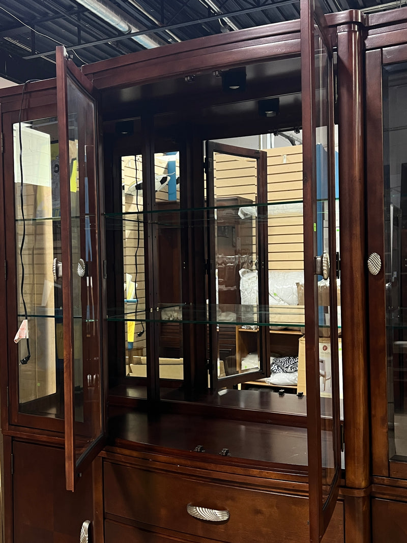 Elegant 2-Piece Lighted Dark Wood China Cabinet & Buffet with Glass Display Hutch