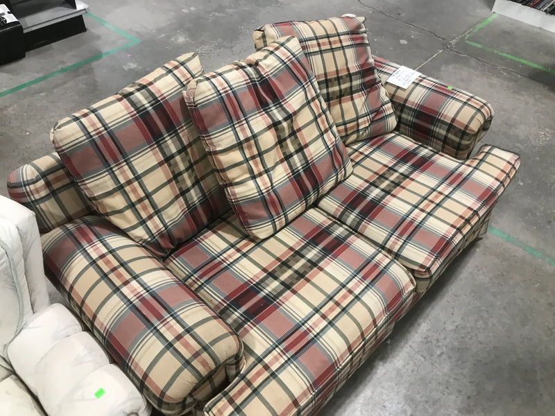Red & Beige Plaid-Patterned Loveseat
