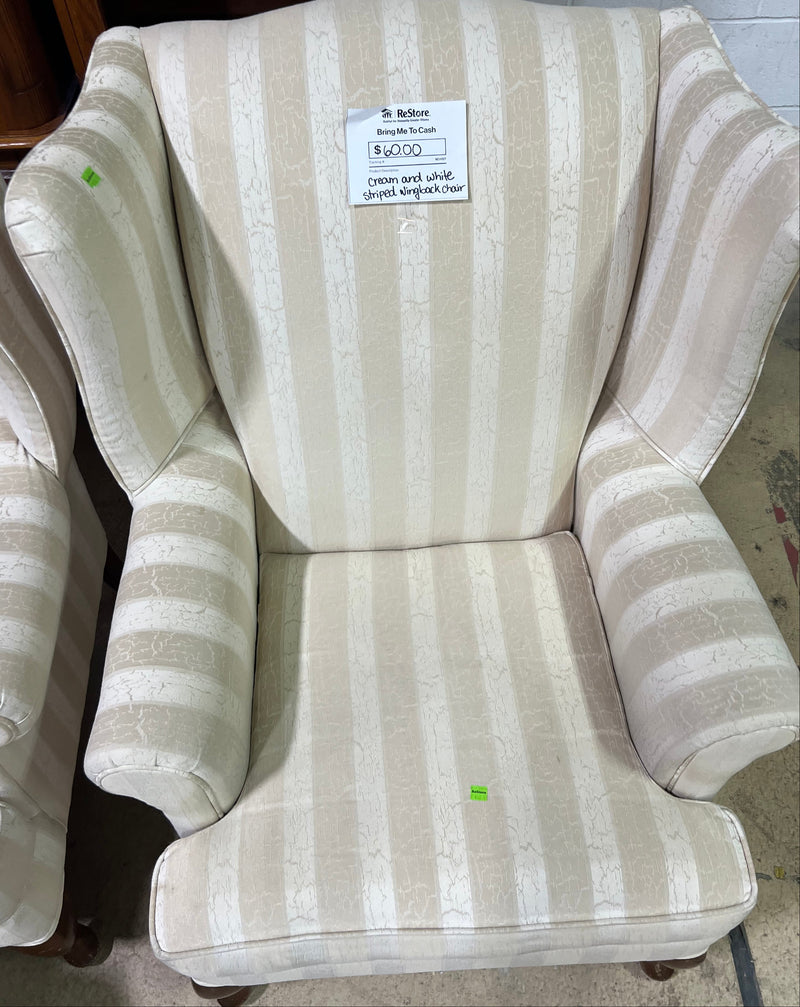 Cream and White Striped Wingback Armchair