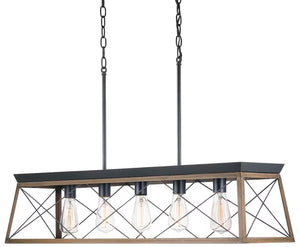Briarwood 5-Light Black Farmhouse Linear Chandelier with Faux-Painted Rich Oak Accents