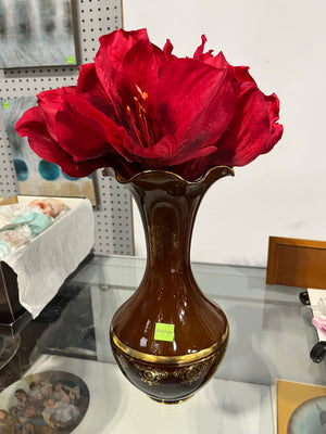 Vintage Brown & Gold Floral Vase with Red Flowers