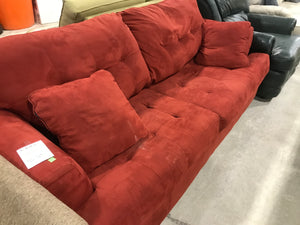 Red Suade Three Seater Couch With 2 Matching Pillows