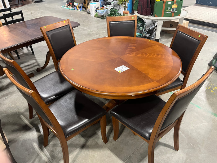 Round Wood Dining Table with 6 Cushioned Chairs