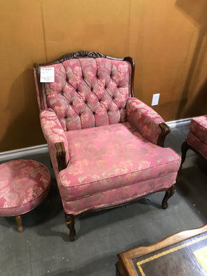 Pink French Provincial Style Chair With Pink Floral Designs & Matching Footstool