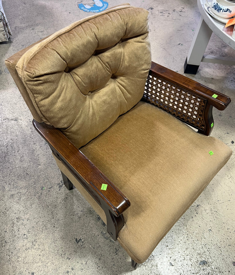 Tan Armchair with Wicker Armrests